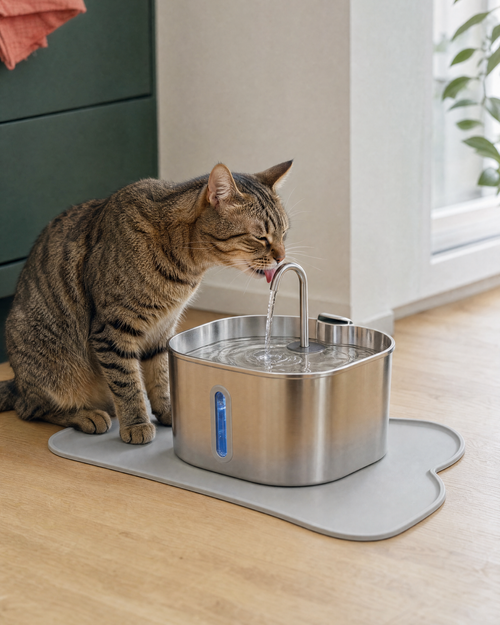Kot pije wodę z fontanny dla kota PETNELO 2,2 l w jasnej kuchni